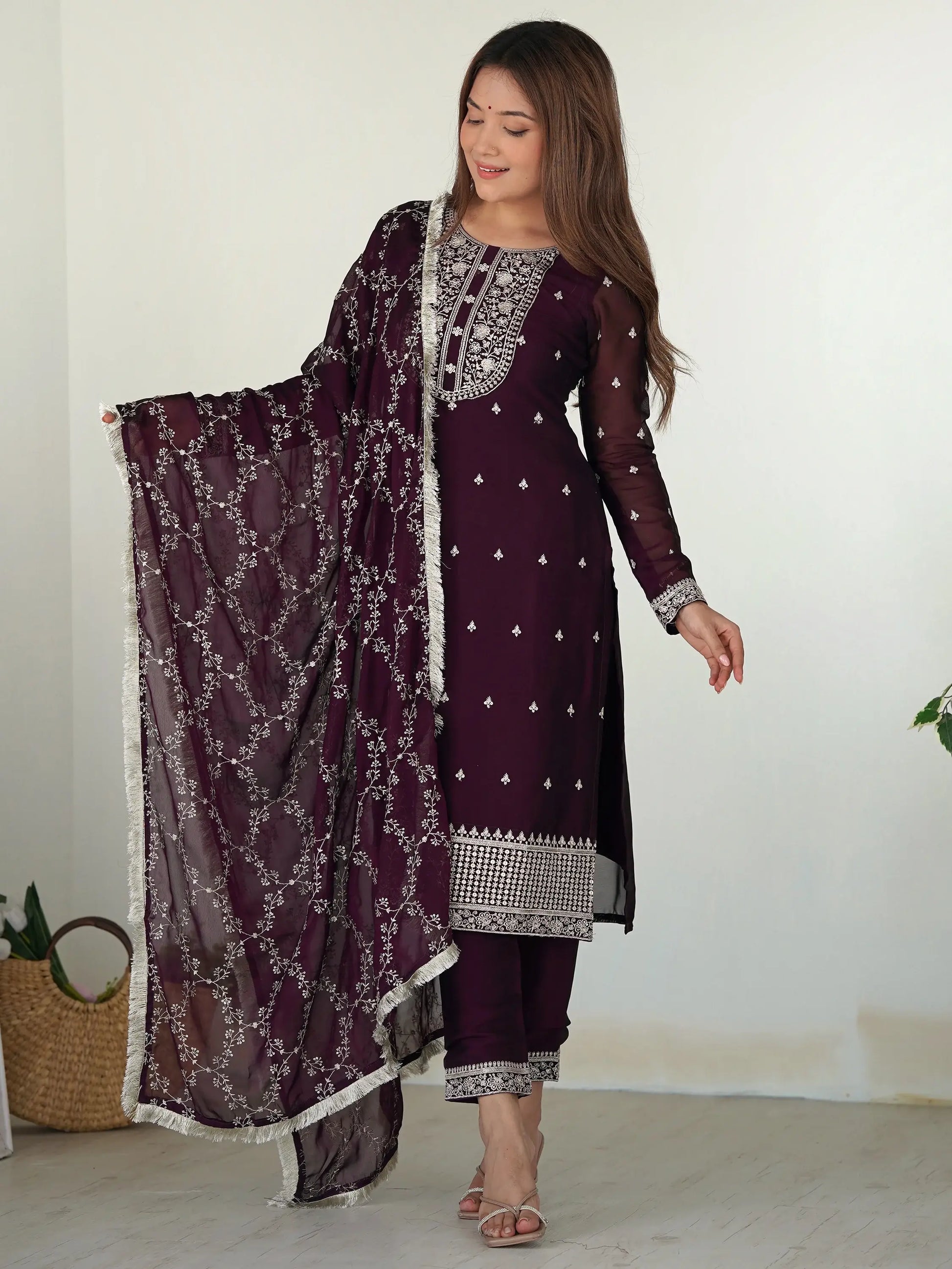 Wonderful Purple Embroidered Silk Pant Suit With Dupatta - Zeel Clothing
