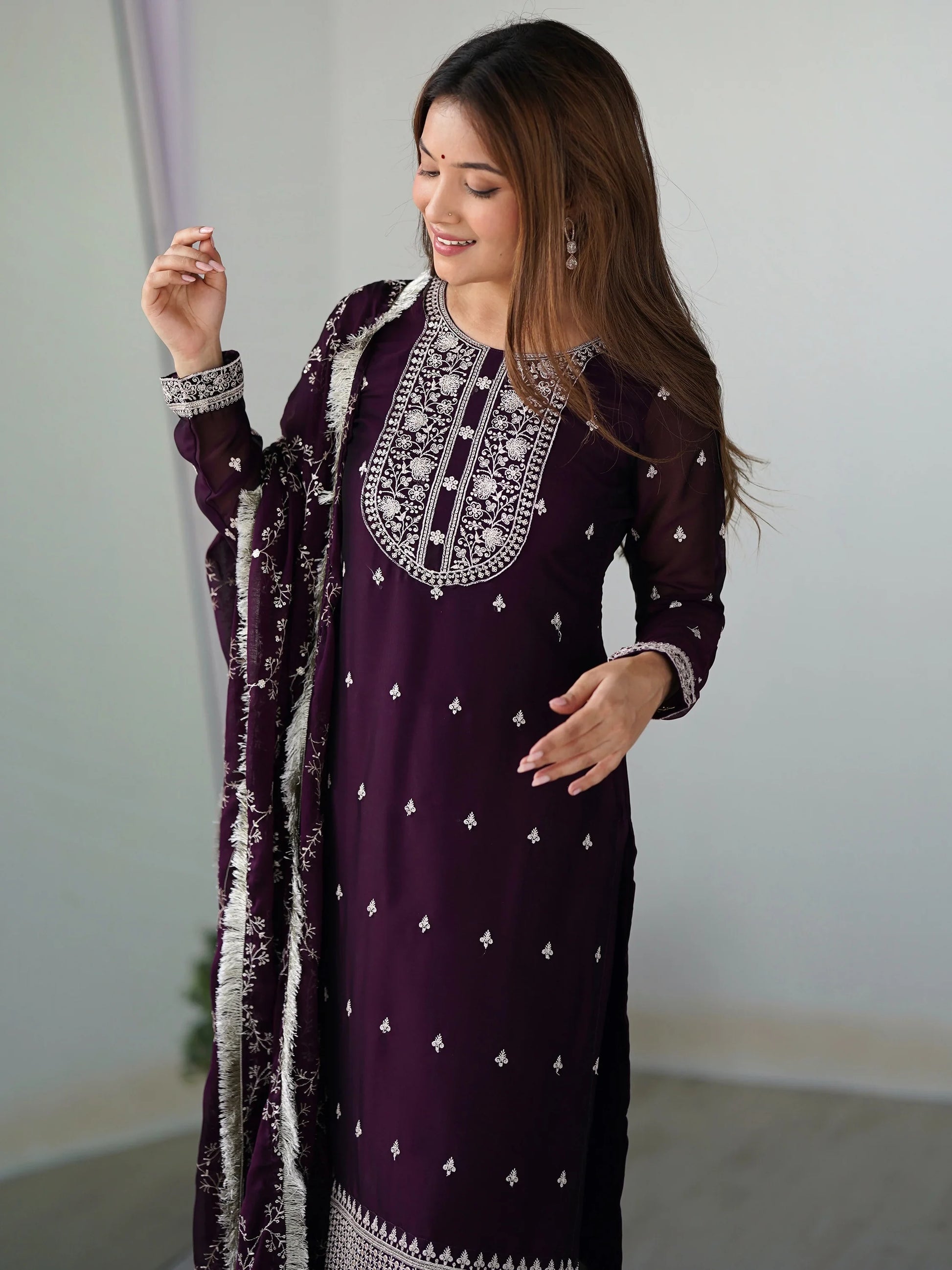 Wonderful Purple Embroidered Silk Pant Suit With Dupatta - Zeel Clothing