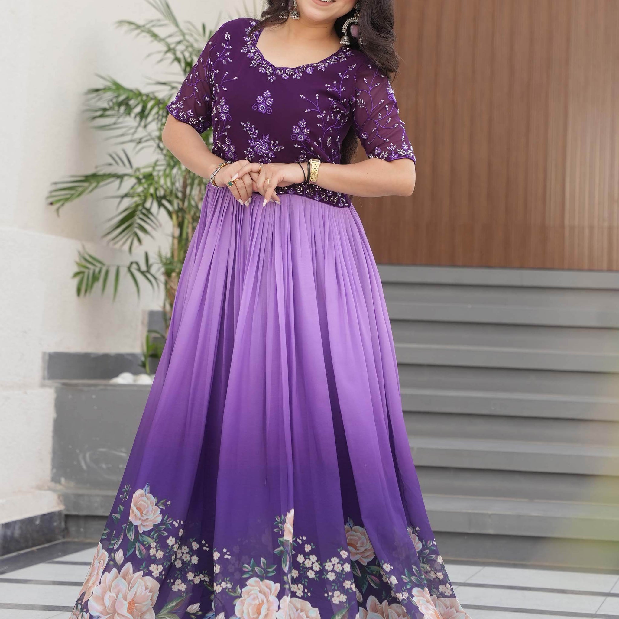 Wonderful Purple Floral Printed Work Georgette Event Wear Gown - Zeel Clothing