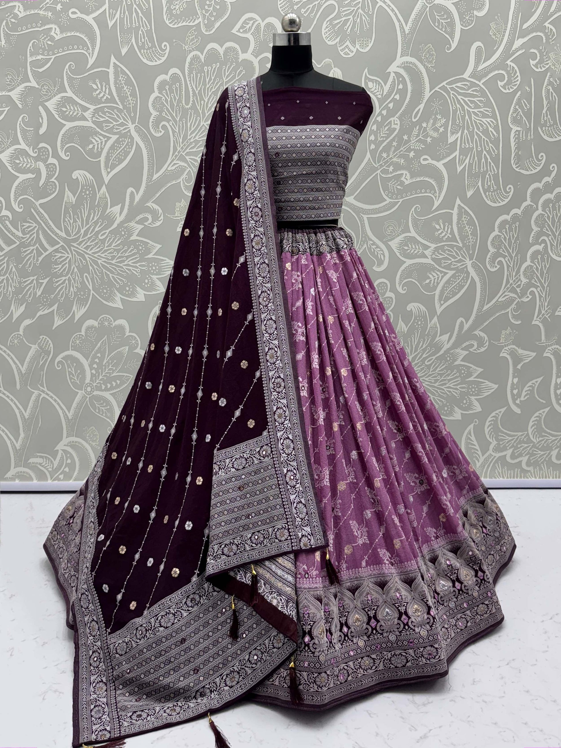 Wonderful Purple Mirror Work Traditional Lehenga Choli With Banarasi Dupatta