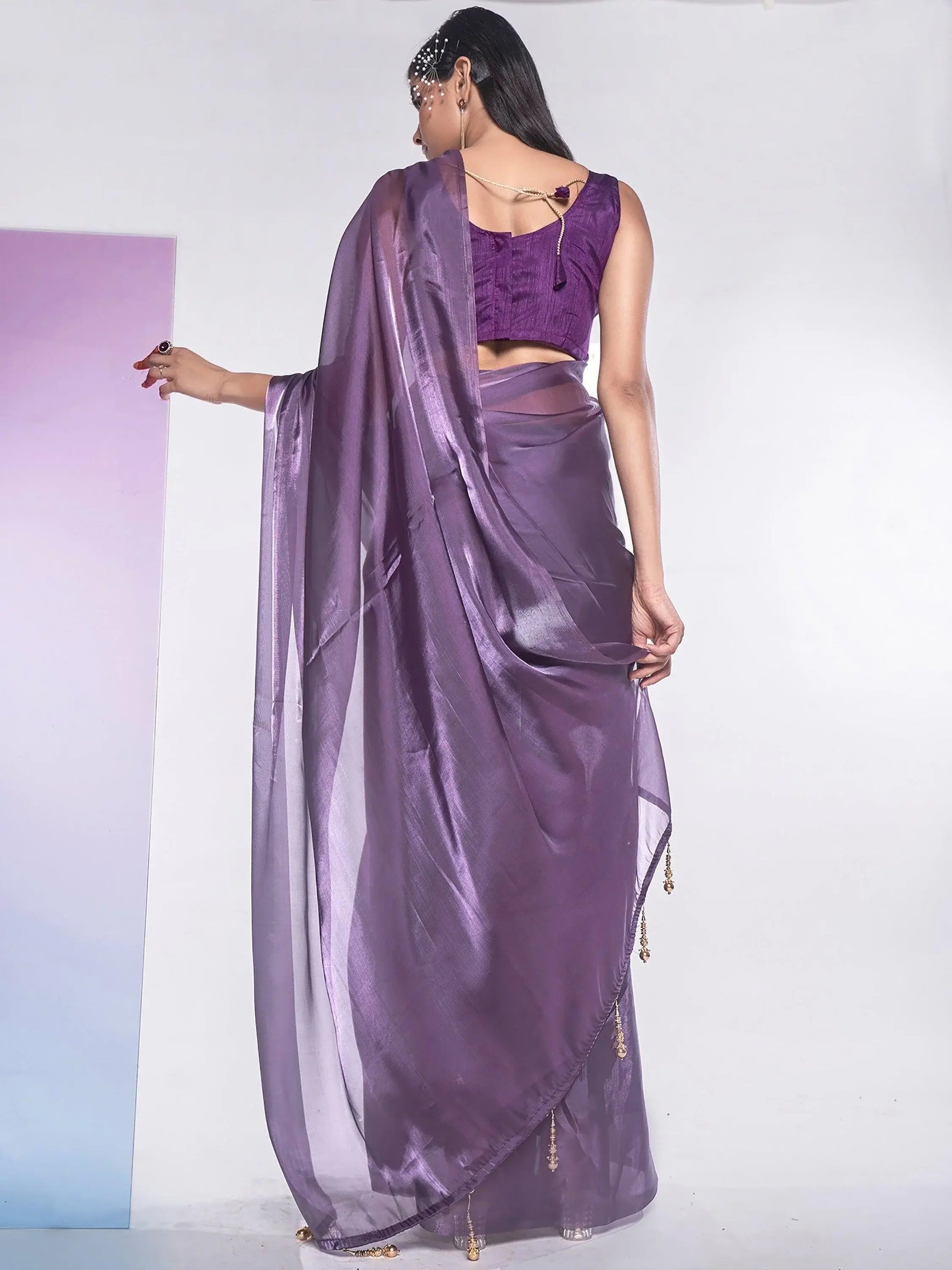 Wonderful Purple Plain Organza Events Wear Saree With Blouse - Zeel Clothing