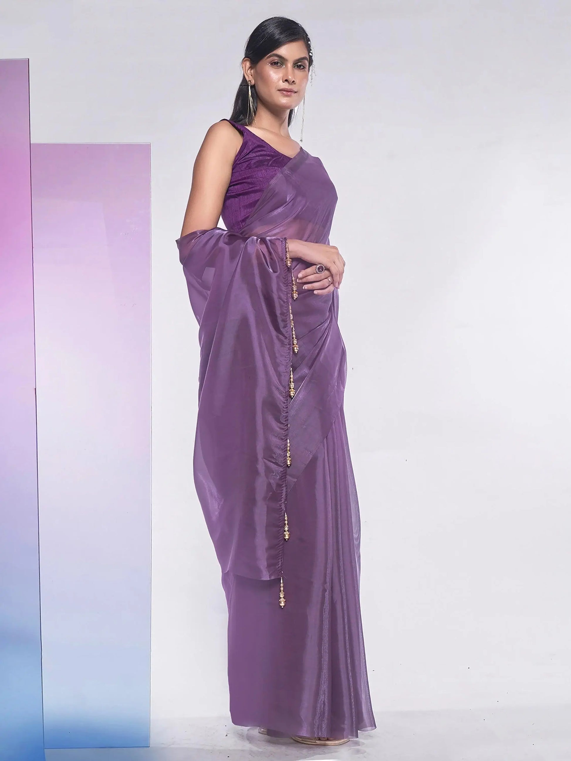 Wonderful Purple Plain Organza Events Wear Saree With Blouse - Zeel Clothing