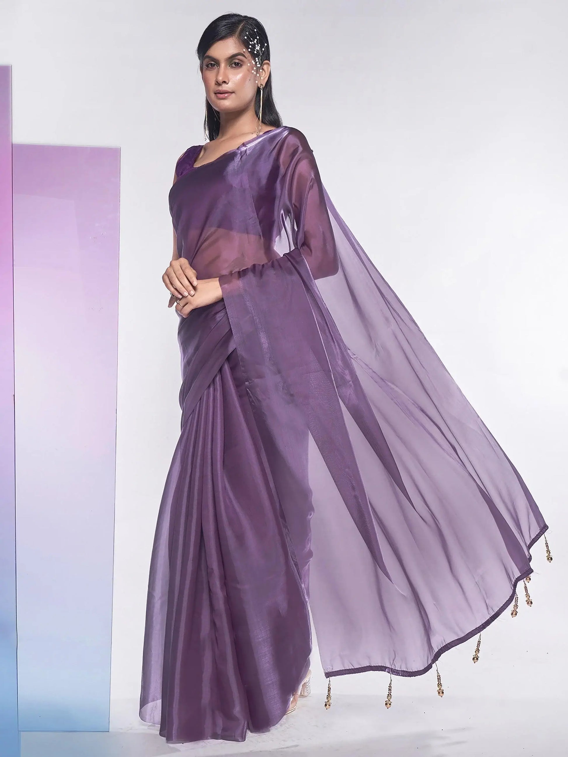 Wonderful Purple Plain Organza Events Wear Saree With Blouse - Zeel Clothing