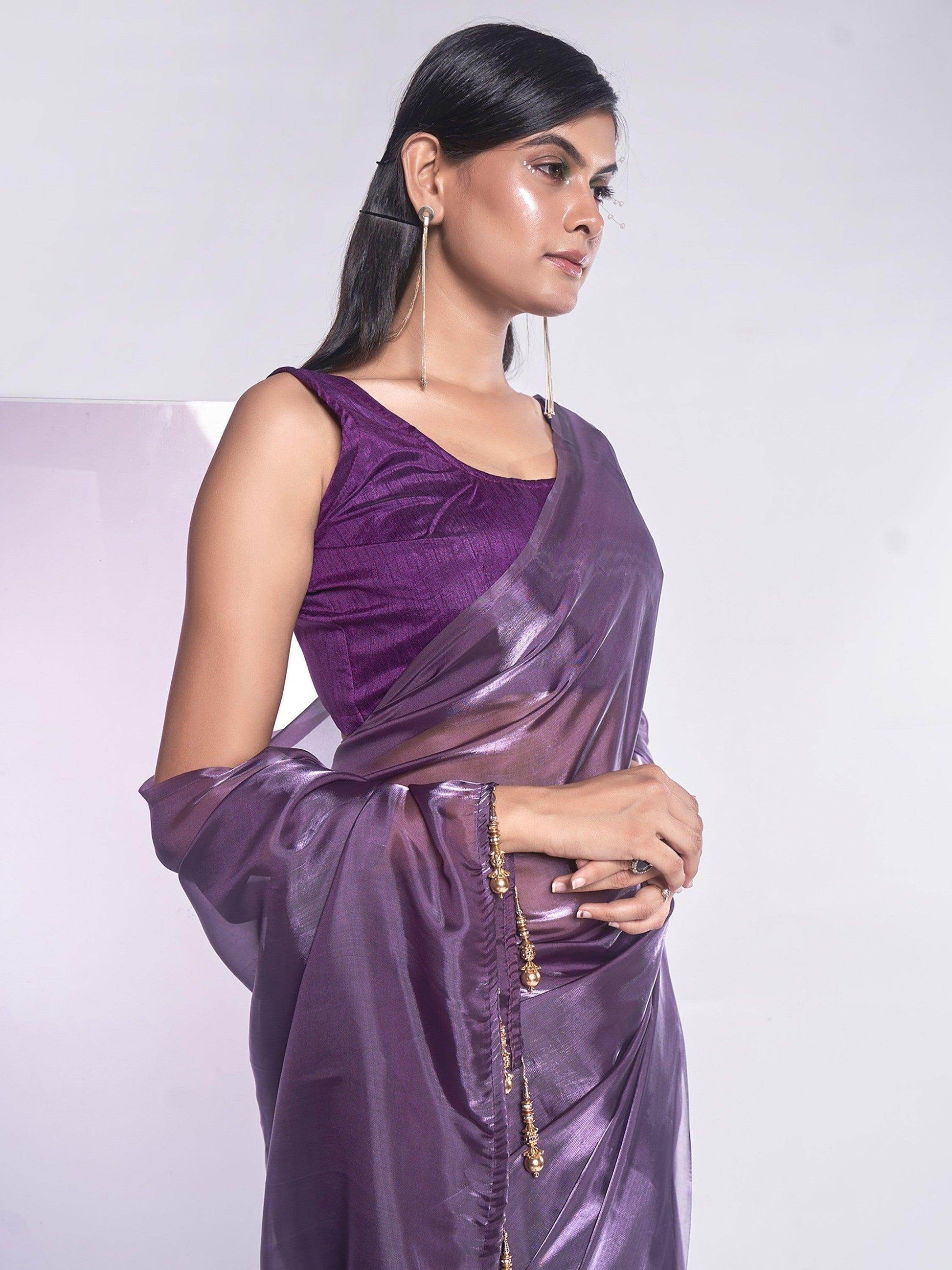 Wonderful Purple Plain Organza Events Wear Saree With Blouse - Zeel Clothing