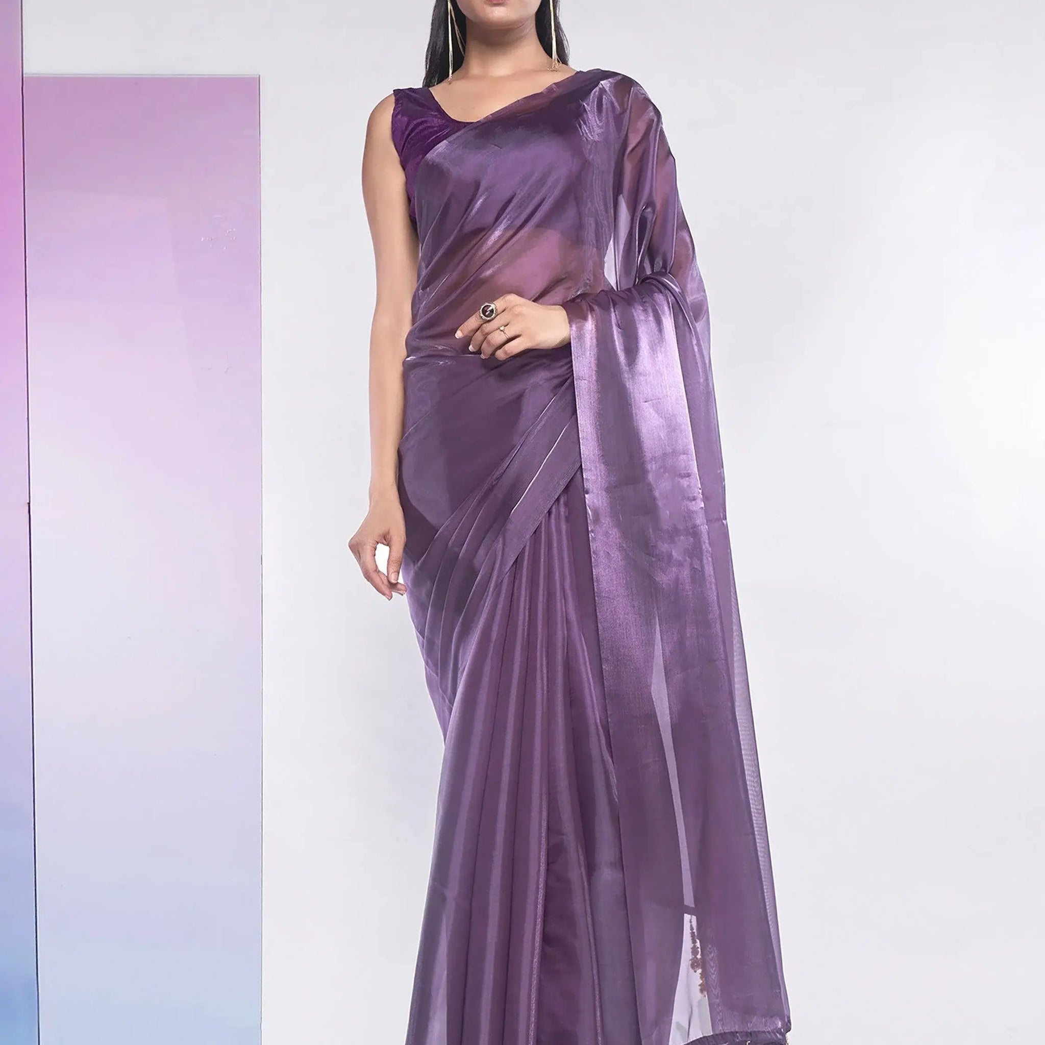 Wonderful Purple Plain Organza Events Wear Saree With Blouse - Zeel Clothing