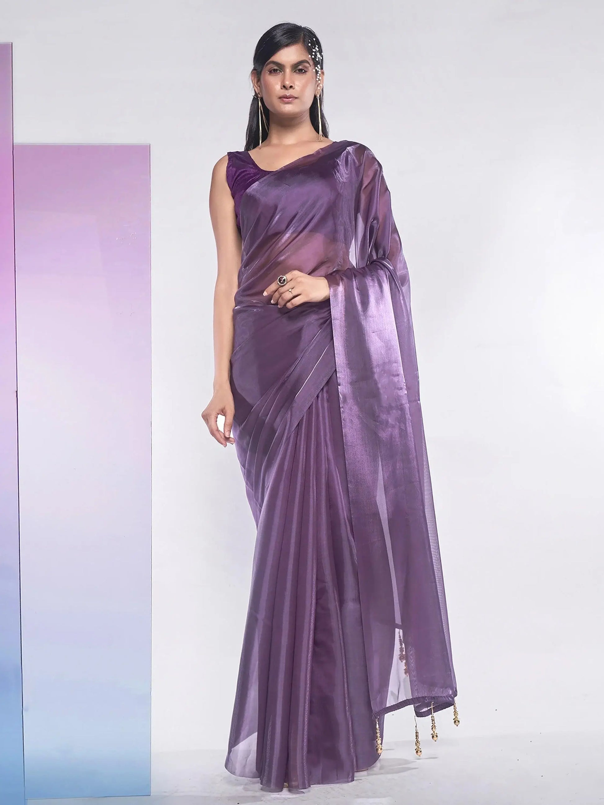 Wonderful Purple Plain Organza Events Wear Saree With Blouse - Zeel Clothing