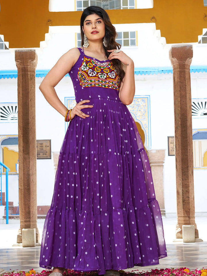 Wonderful Purple Polka Dot Printed Georgette Festive Special Gown - Zeel Clothing