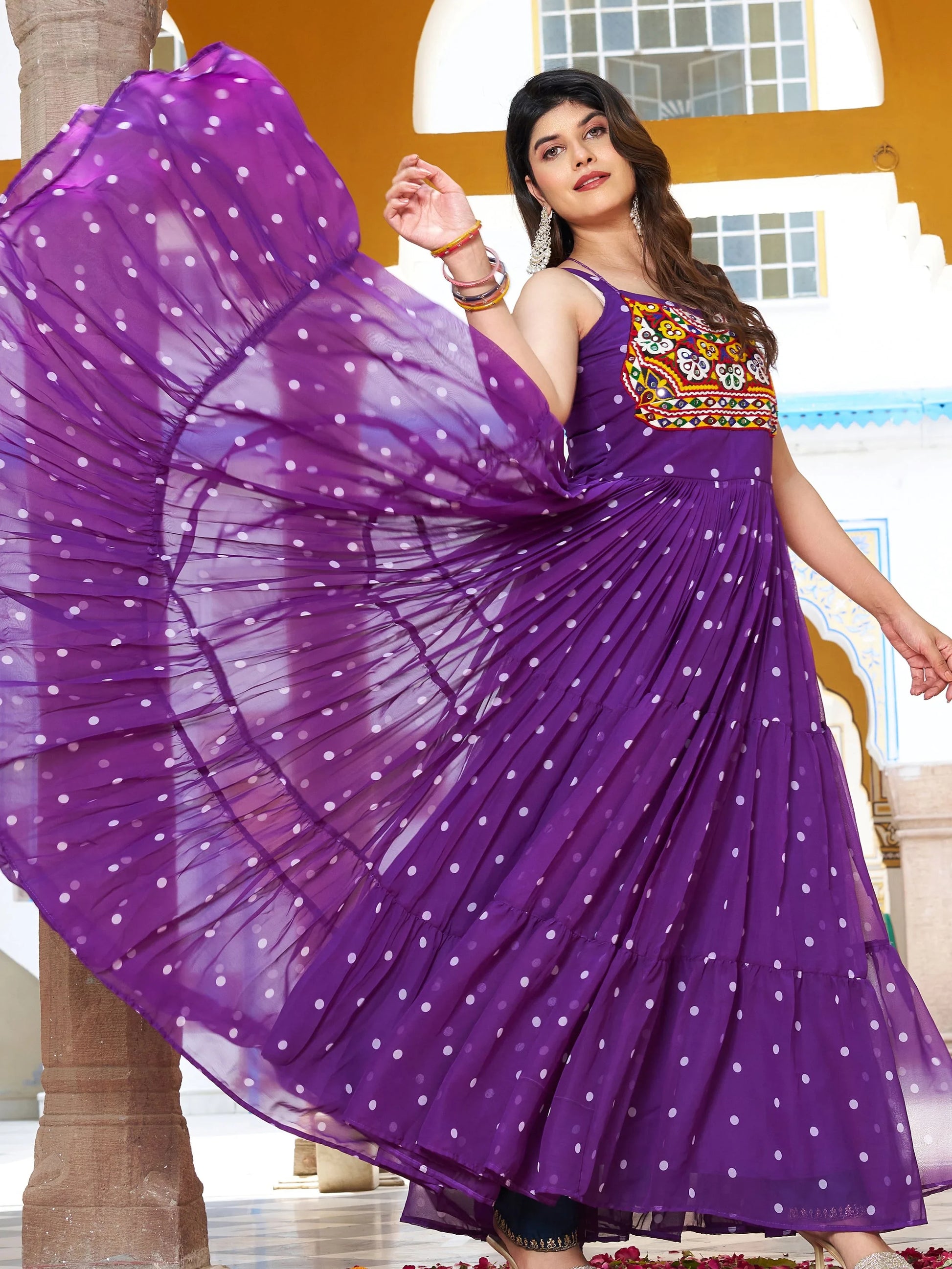 Wonderful Purple Polka Dot Printed Georgette Festive Special Gown - Zeel Clothing
