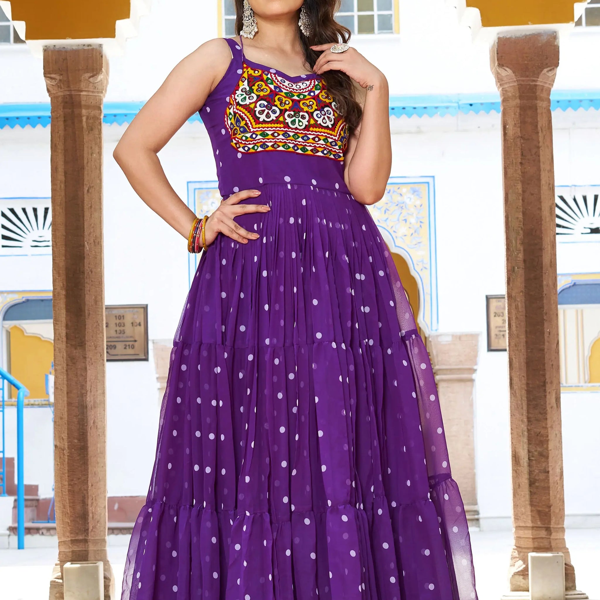 Wonderful Purple Polka Dot Printed Georgette Festive Special Gown - Zeel Clothing