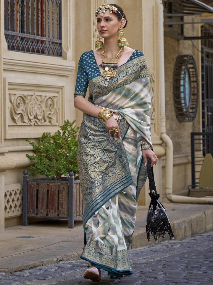 Wonderful Rama Blue Woven Work Wedding Wear Saree With Blouse