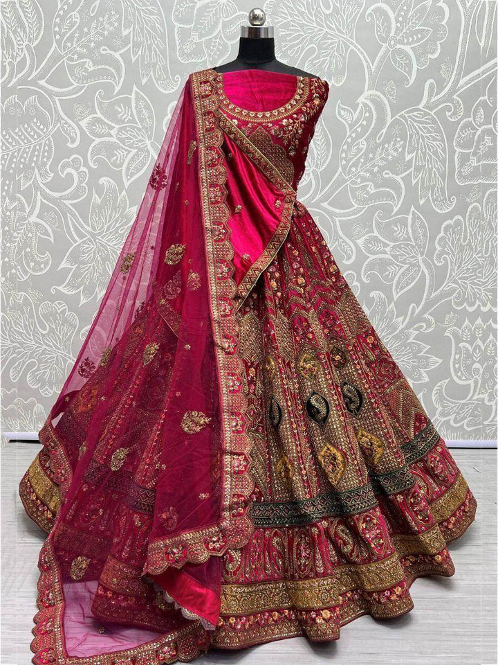 Wonderful Rani Pink Embroidered Velvet Bridal Wear Lehenga Choli - Zeel Clothing