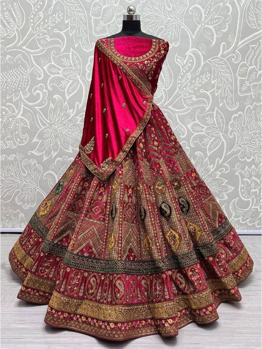 Wonderful Rani Pink Embroidered Velvet Bridal Wear Lehenga Choli - Zeel Clothing