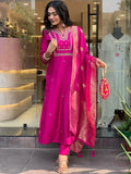 Wonderful Rani Pink Hand Work Viscose Engagement Wear Pant Suit - Zeel Clothing
