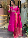Wonderful Rani Pink Hand Work Viscose Engagement Wear Pant Suit - Zeel Clothing