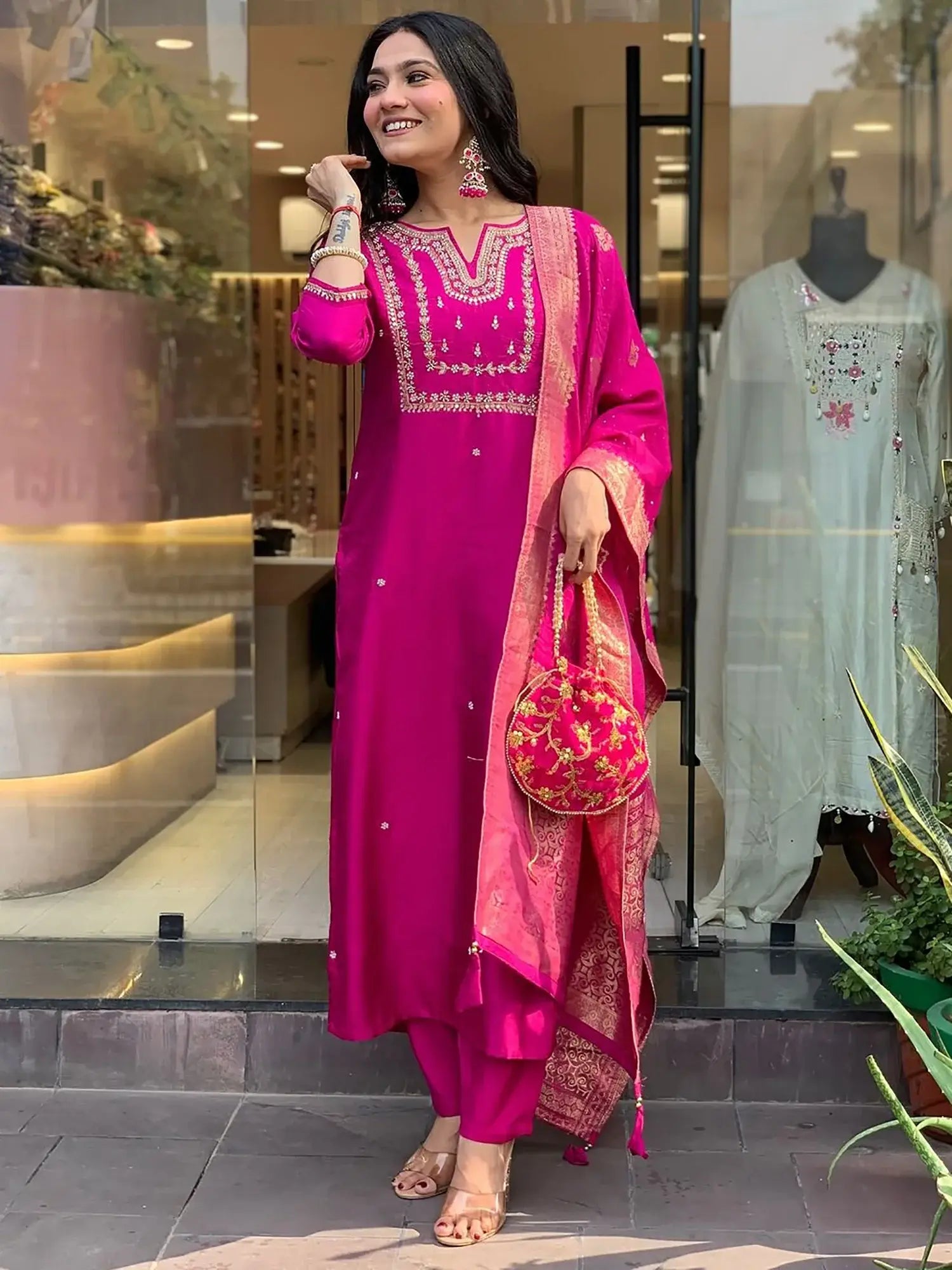 Wonderful Rani Pink Hand Work Viscose Engagement Wear Pant Suit - Zeel Clothing