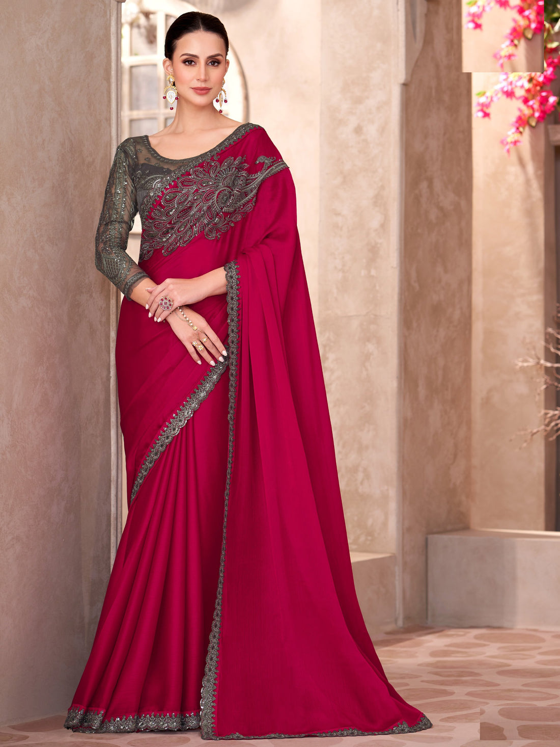 Wonderful Red Border Work Chiffon Reception Wear Saree With Blouse - Zeel Clothing