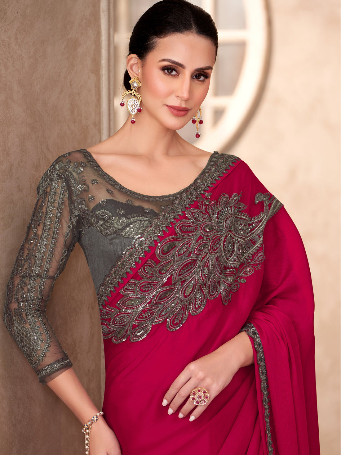 Wonderful Red Border Work Chiffon Reception Wear Saree With Blouse - Zeel Clothing