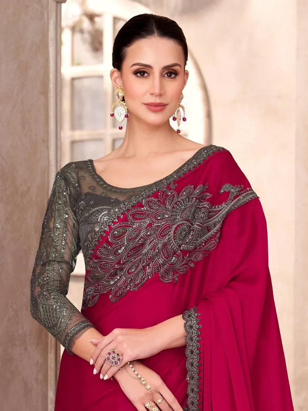Wonderful Red Border Work Chiffon Reception Wear Saree With Blouse - Zeel Clothing