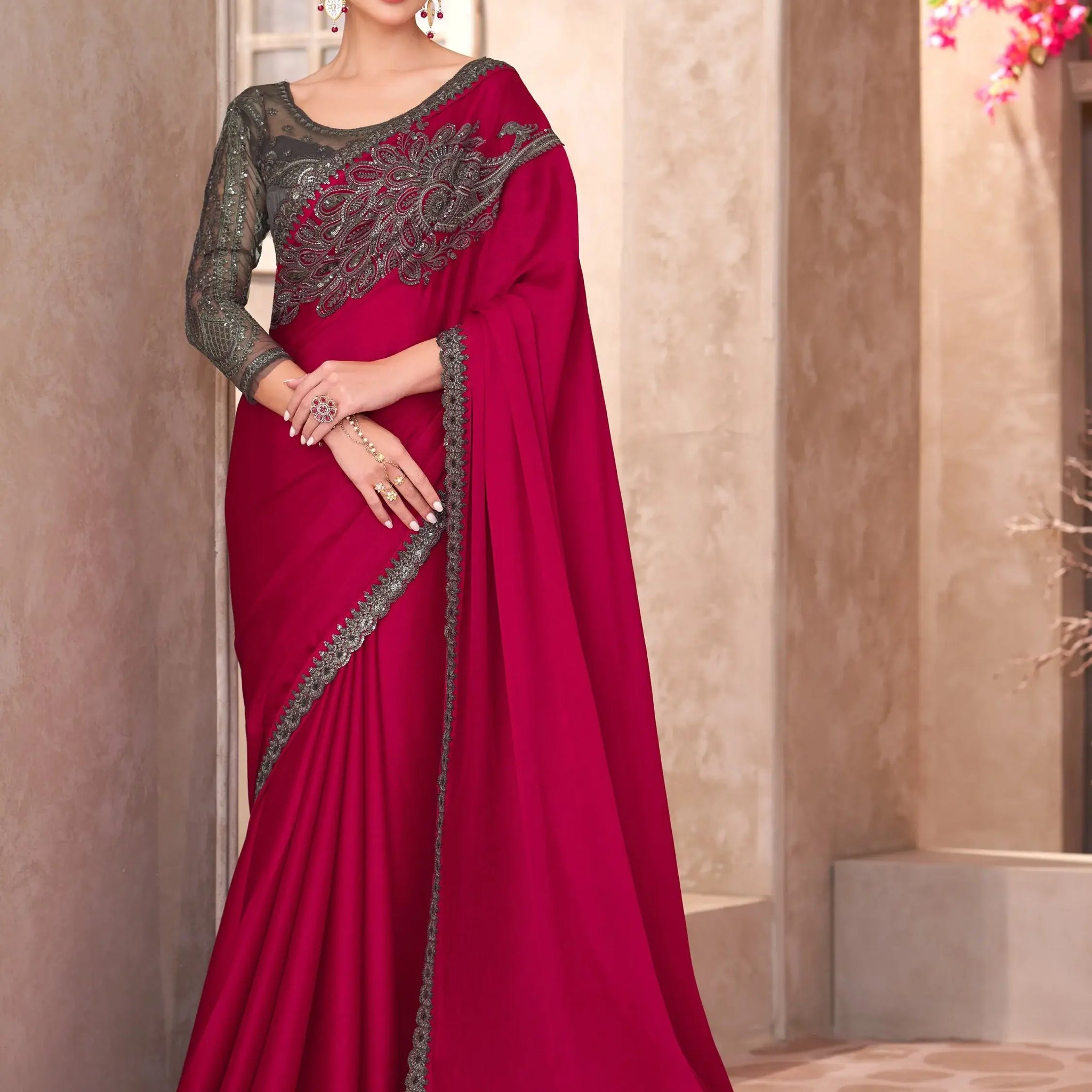 Wonderful Red Border Work Chiffon Reception Wear Saree With Blouse - Zeel Clothing