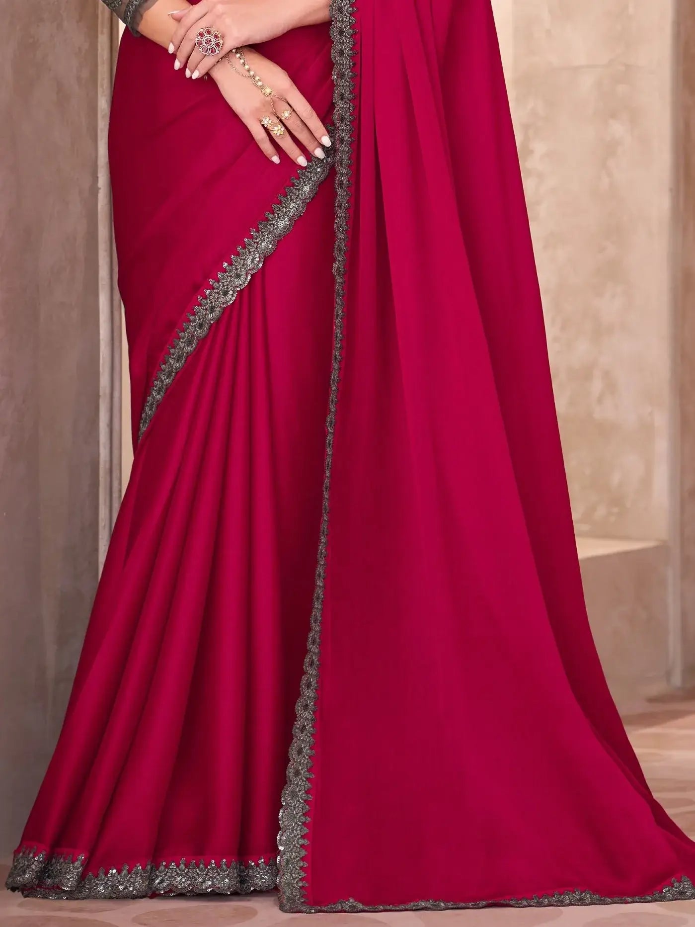 Wonderful Red Border Work Chiffon Reception Wear Saree With Blouse - Zeel Clothing