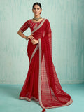 Wonderful Red Chiffon Reception Wear Saree With Embroidered Blouse