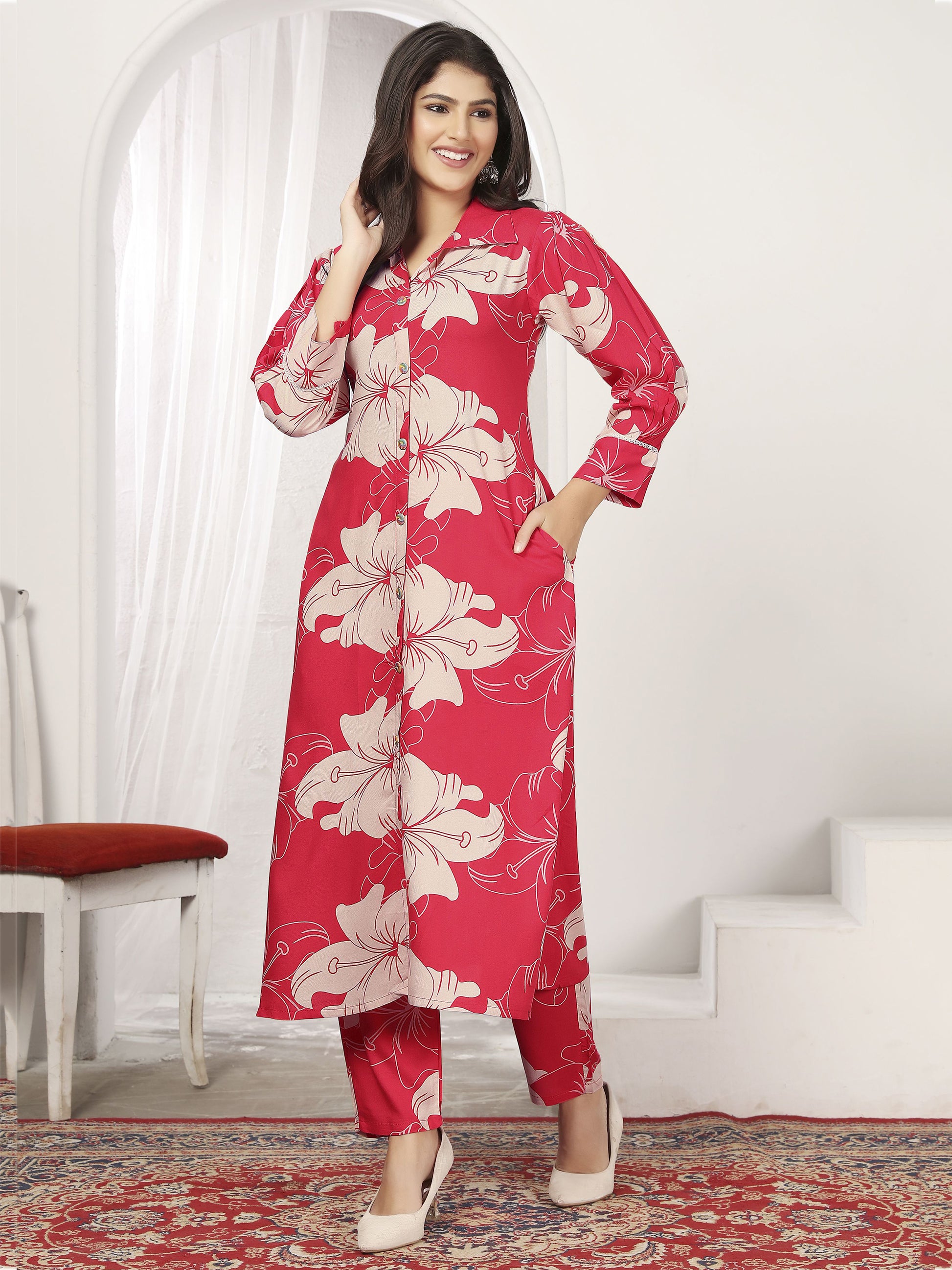 Wonderful Red Floral Printed Rayon Silk Casual Wear Kurti With Pant - Zeel Clothing