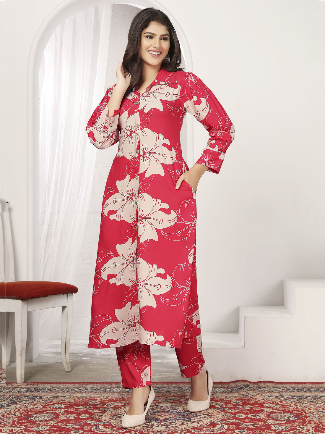 Wonderful Red Floral Printed Rayon Silk Casual Wear Kurti With Pant - Zeel Clothing