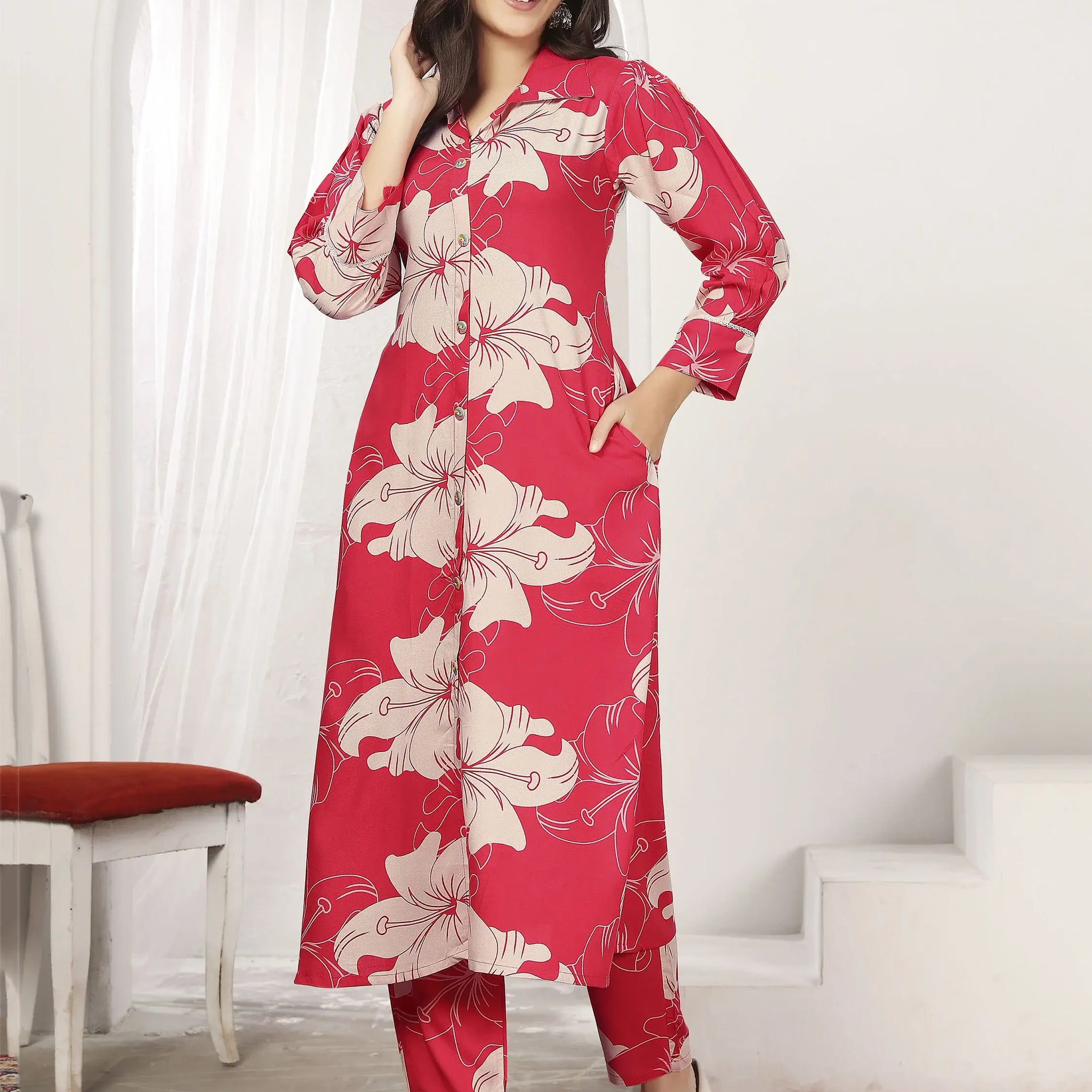 Wonderful Red Floral Printed Rayon Silk Casual Wear Kurti With Pant - Zeel Clothing