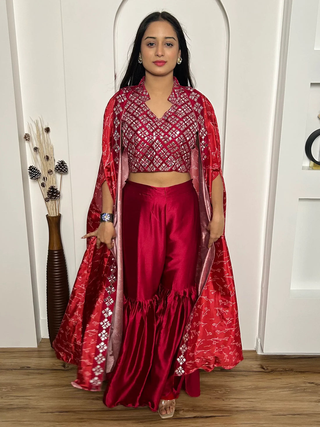 Wonderful Red Mirror Work Satin Crop-Top Sharara With Koti - Zeel Clothing