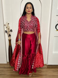 Wonderful Red Mirror Work Satin Crop-Top Sharara With Koti - Zeel Clothing