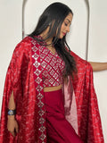 Wonderful Red Mirror Work Satin Crop-Top Sharara With Koti - Zeel Clothing