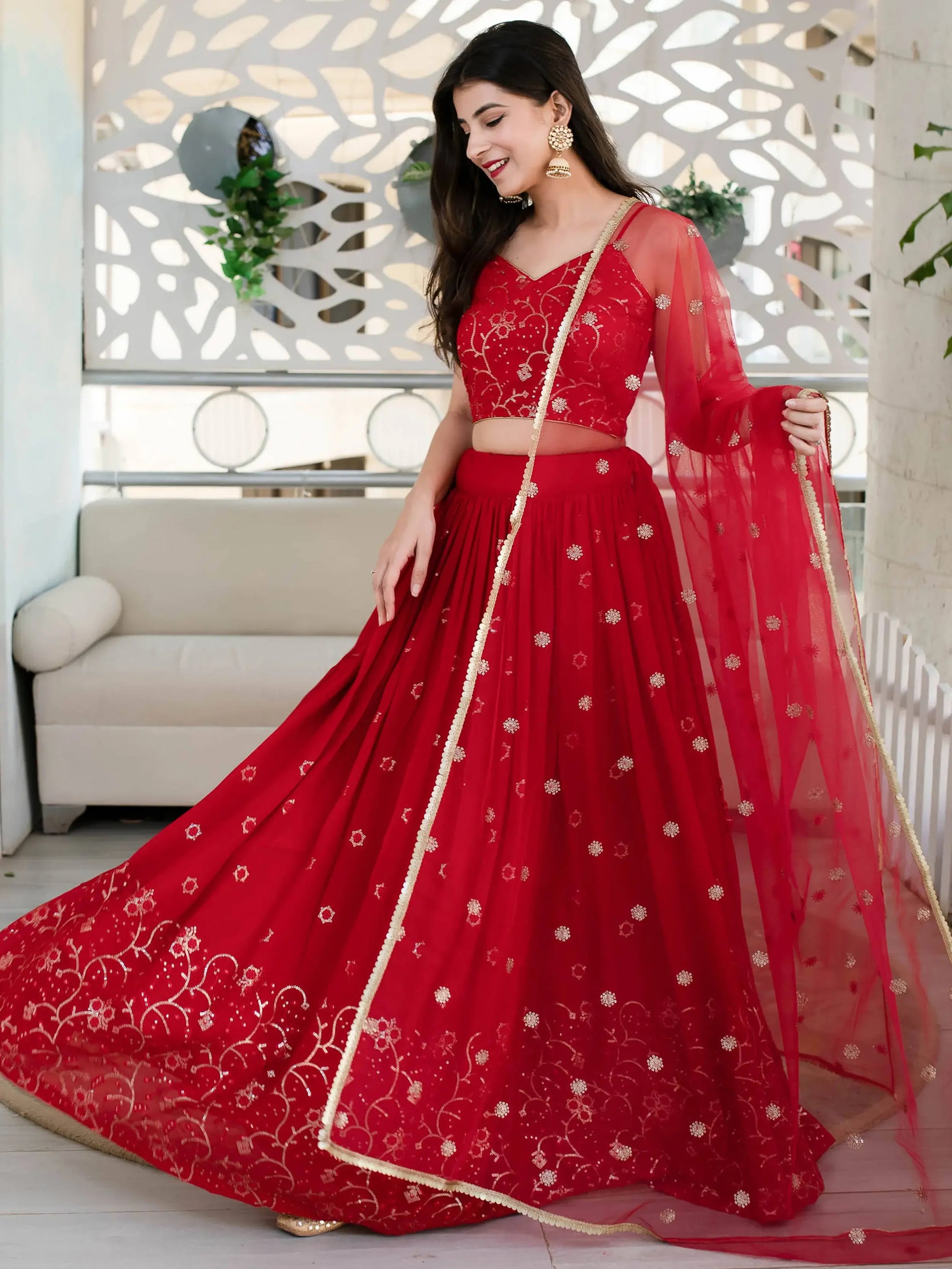 Wonderful Red Sequin Georgette Reception Wear Designer Lehenga Choli - Zeel Clothing