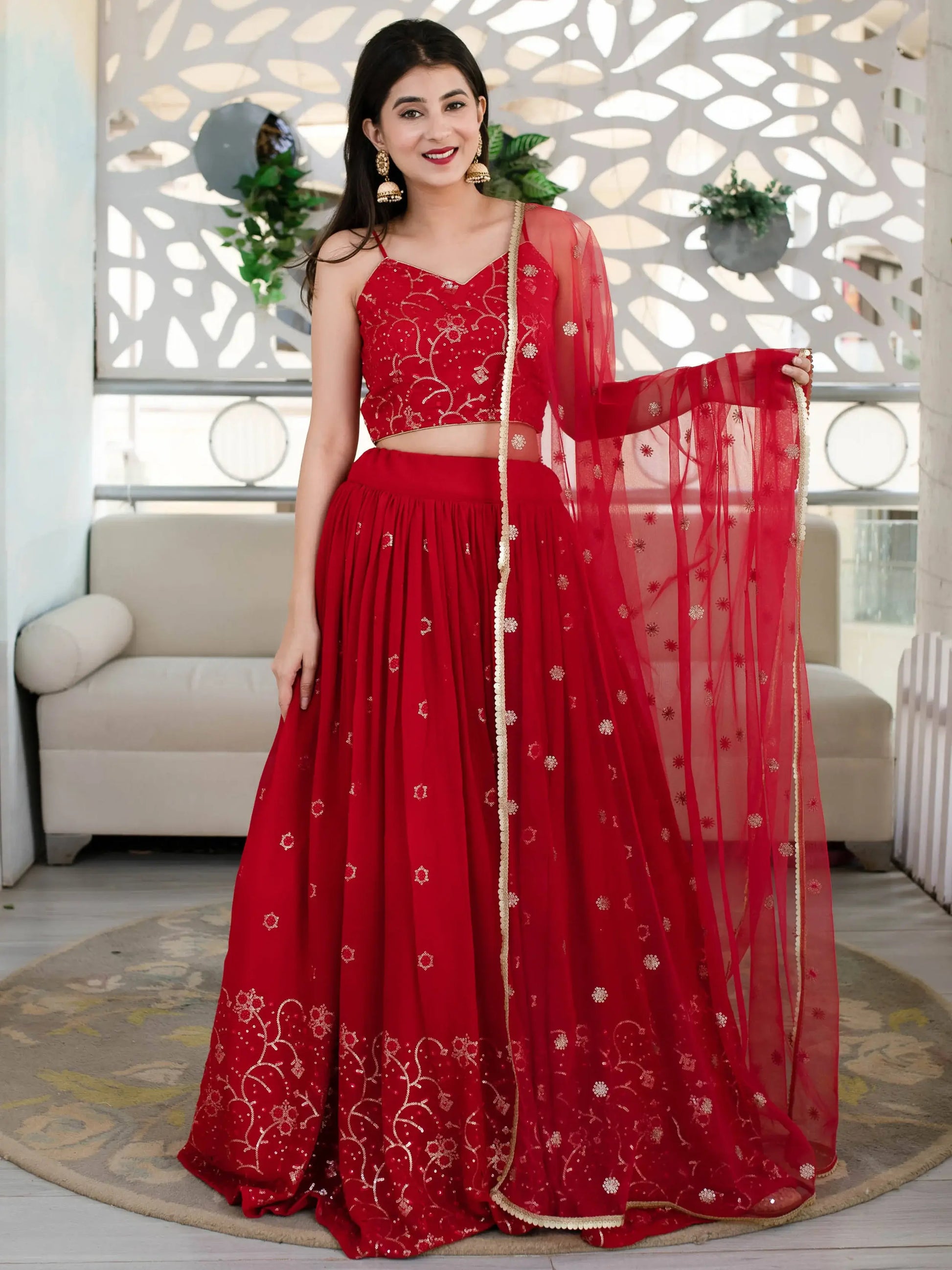 Wonderful Red Sequin Georgette Reception Wear Designer Lehenga Choli - Zeel Clothing
