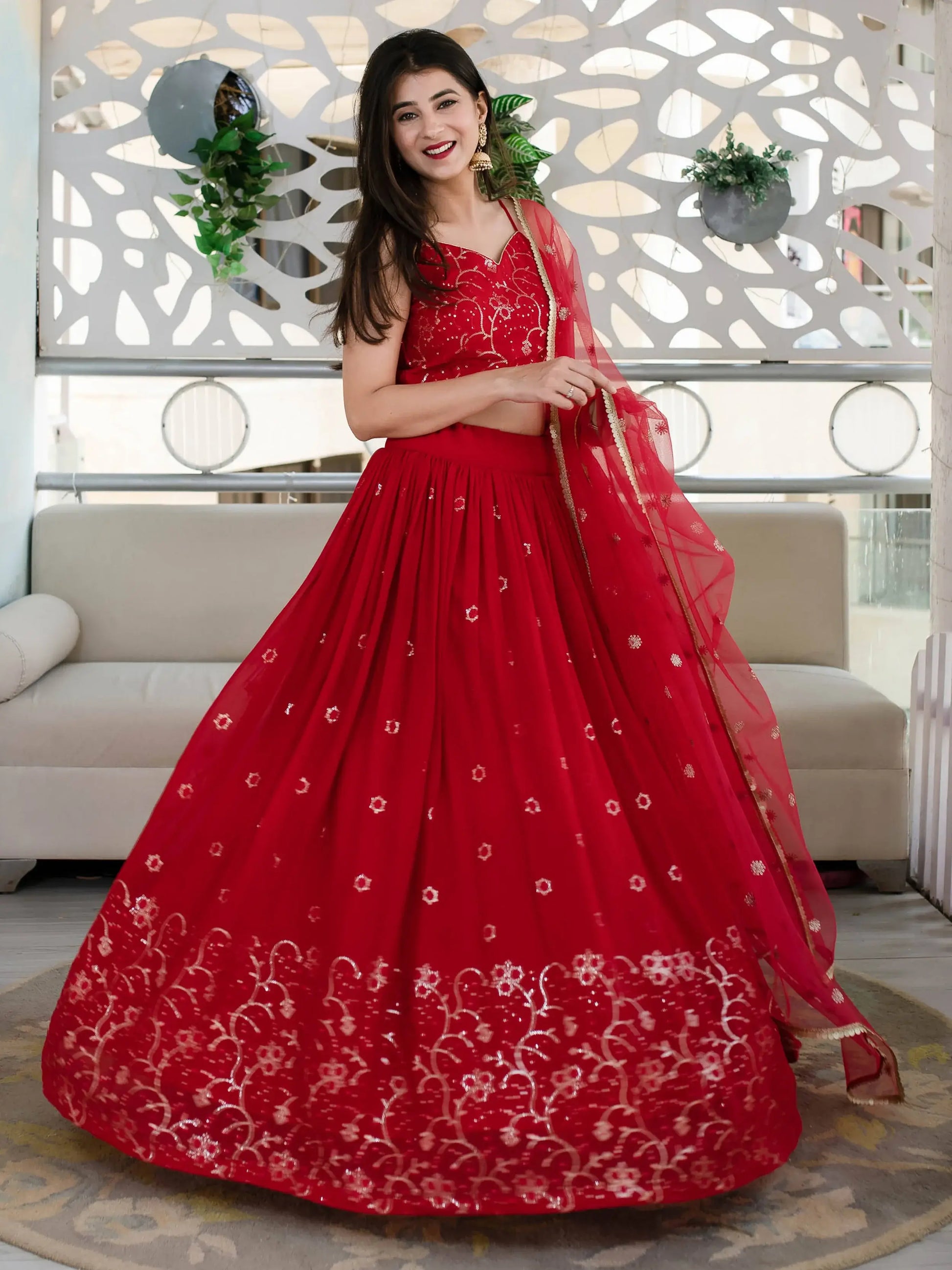 Wonderful Red Sequin Georgette Reception Wear Designer Lehenga Choli - Zeel Clothing