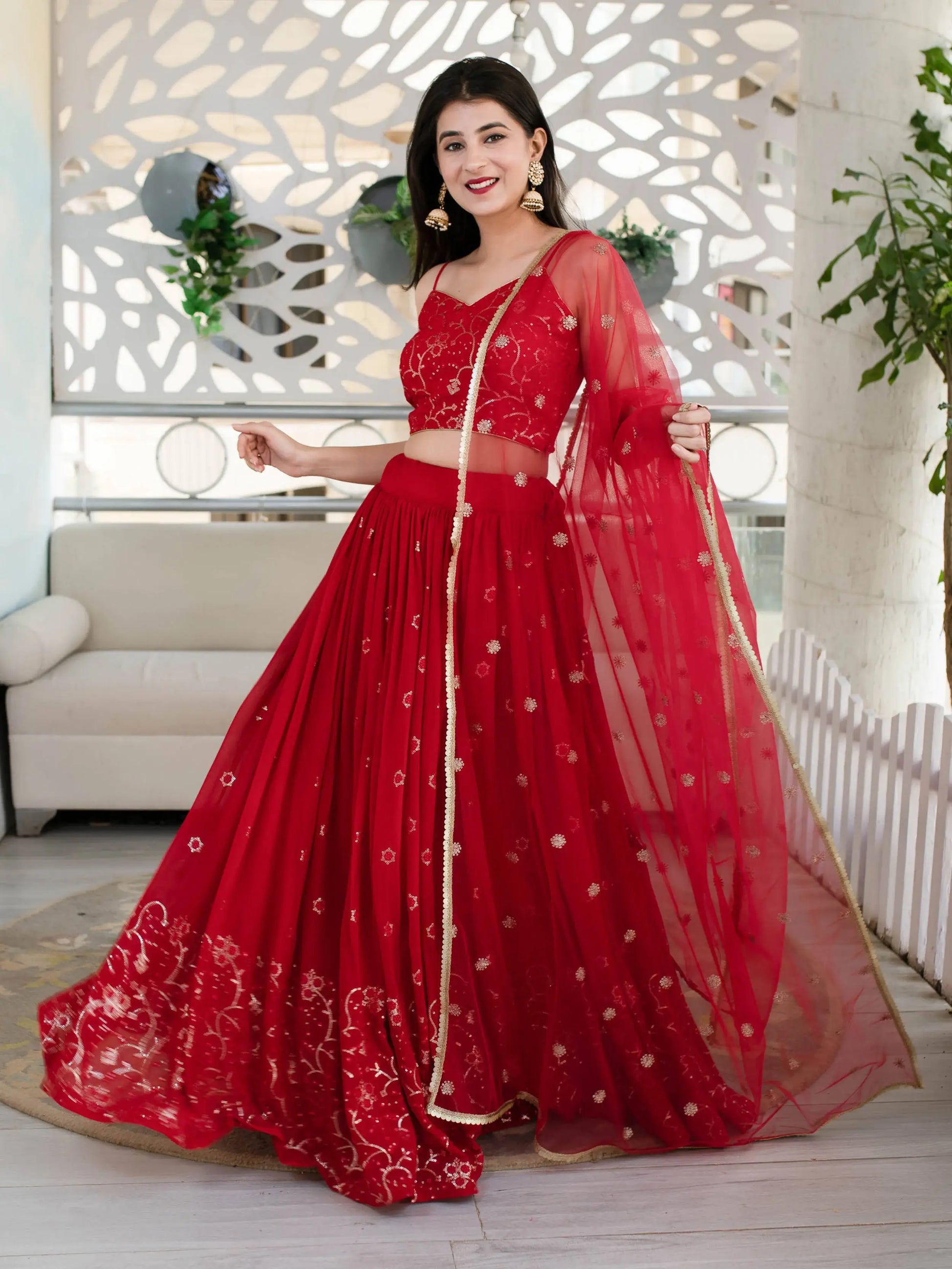 Wonderful Red Sequin Georgette Reception Wear Designer Lehenga Choli - Zeel Clothing