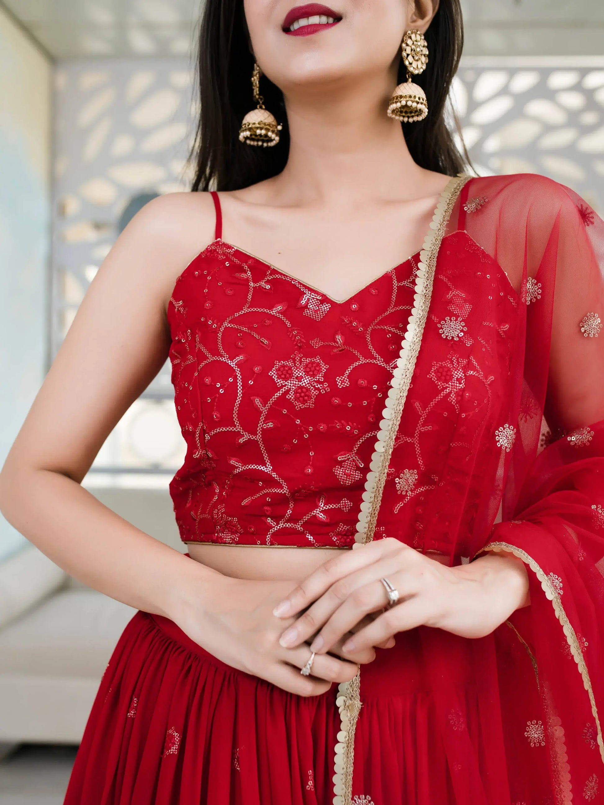 Wonderful Red Sequin Georgette Reception Wear Designer Lehenga Choli - Zeel Clothing