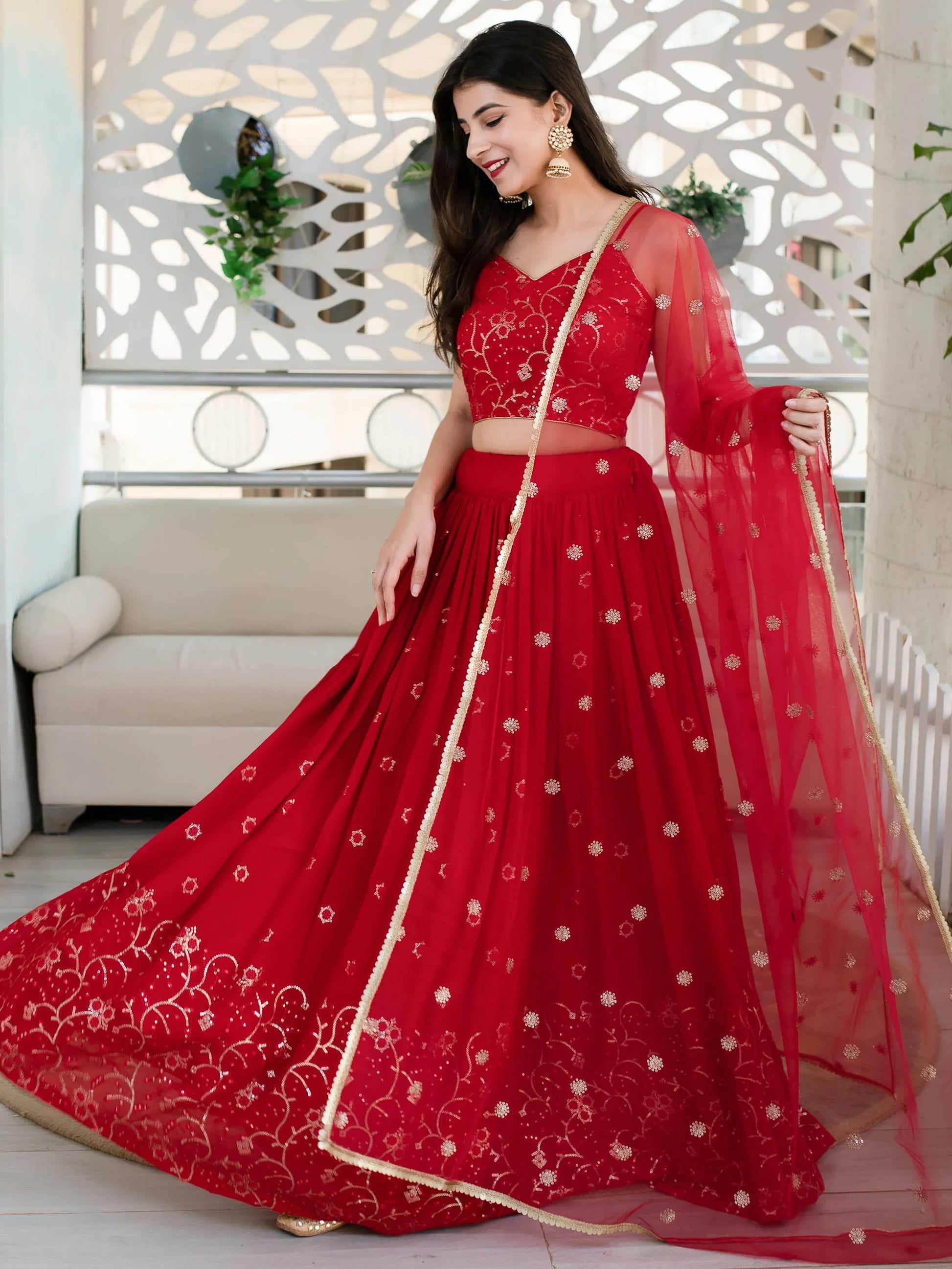 Wonderful Red Sequin Georgette Reception Wear Designer Lehenga Choli - Zeel Clothing