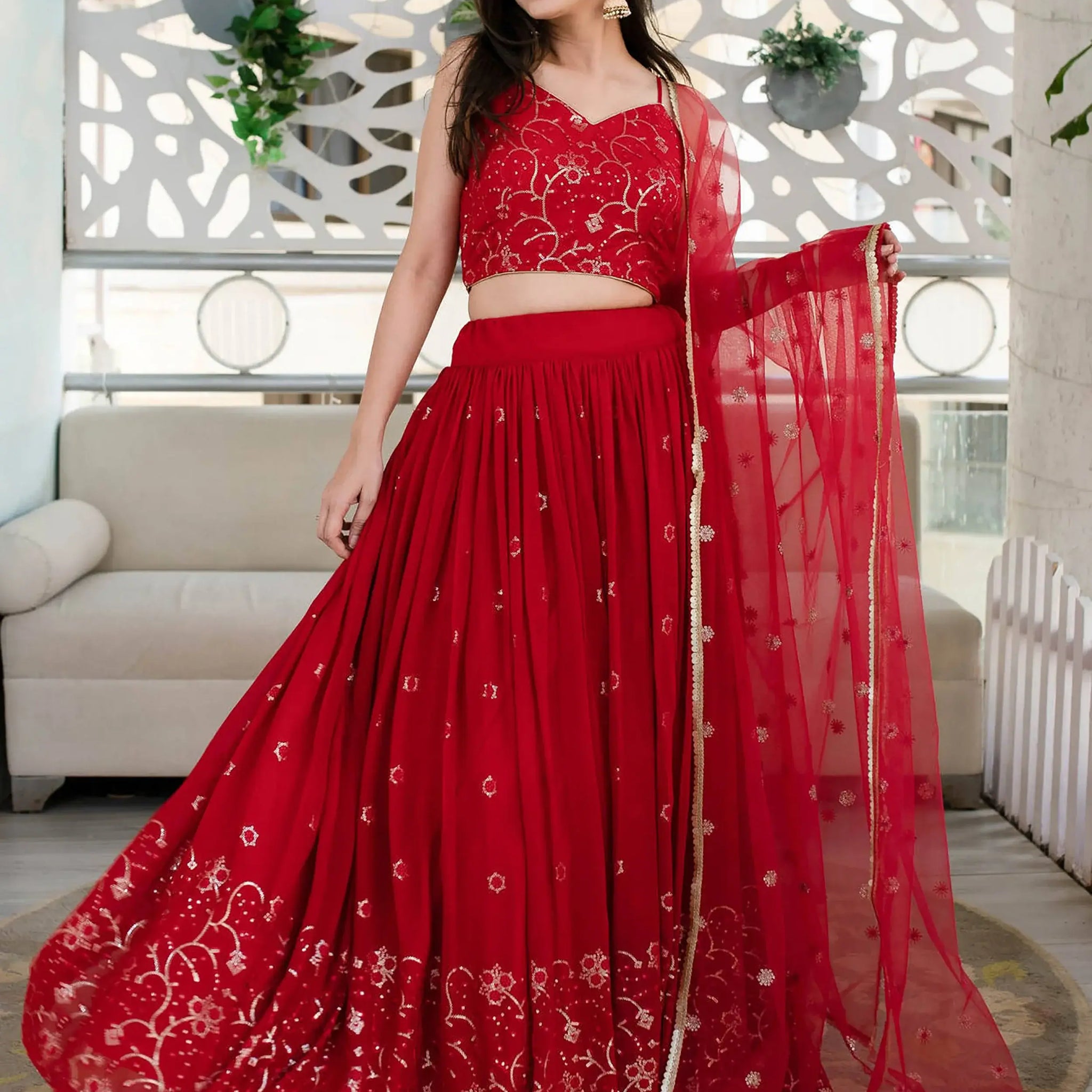 Wonderful Red Sequin Georgette Reception Wear Designer Lehenga Choli - Zeel Clothing