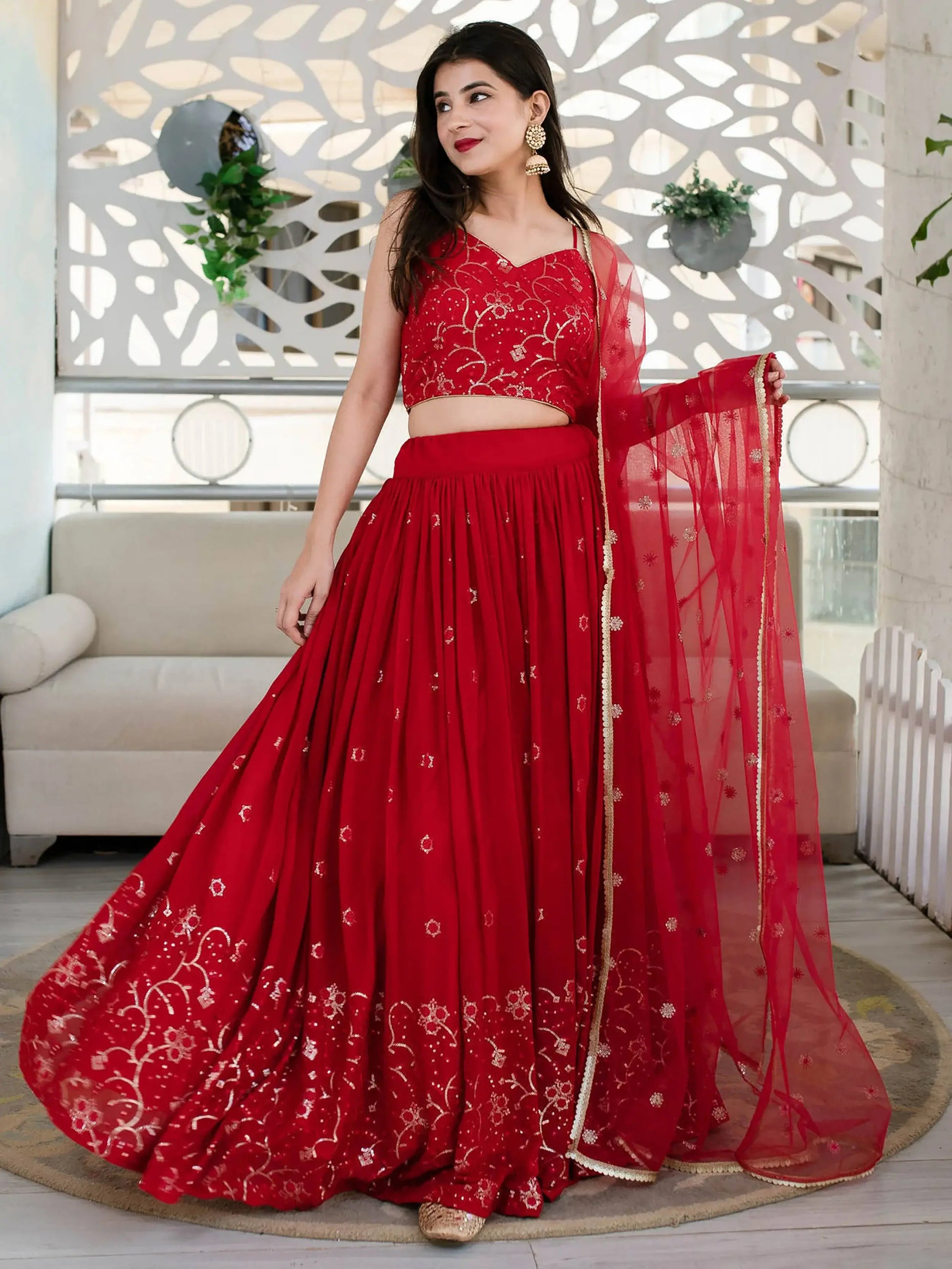 Wonderful Red Sequin Georgette Reception Wear Designer Lehenga Choli - Zeel Clothing