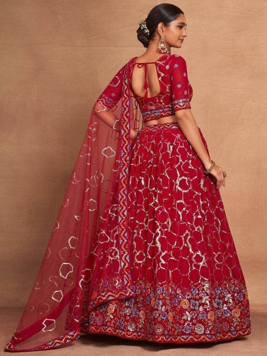Wonderful Red Sequins Georgette Wedding Wear Lehenga Choli With Dupatta - Zeel Clothing