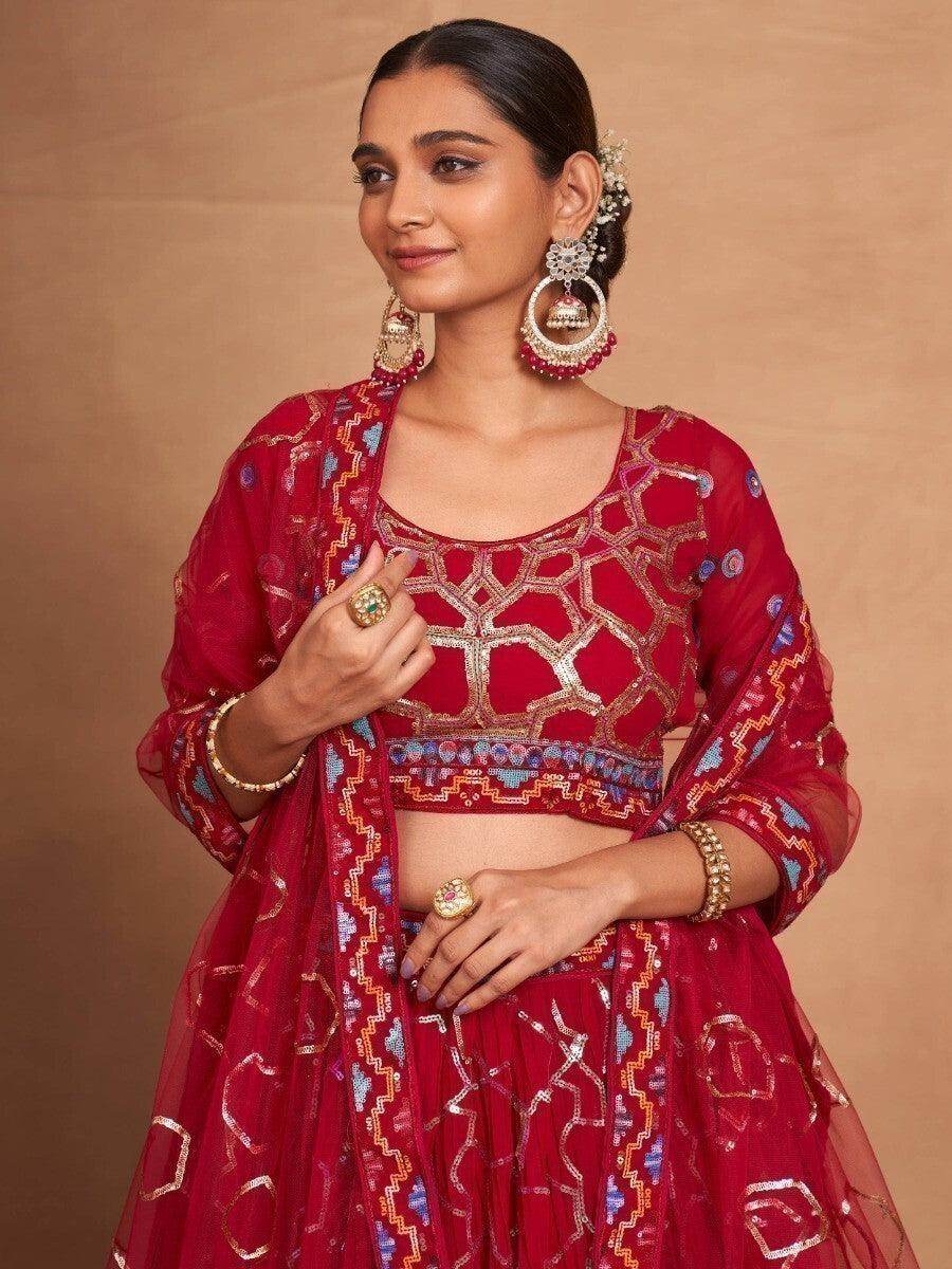 Wonderful Red Sequins Georgette Wedding Wear Lehenga Choli With Dupatta - Zeel Clothing