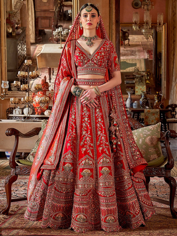 Wonderful Red Sequins Silk Bridal Lehenga Choli With Double Dupatta
