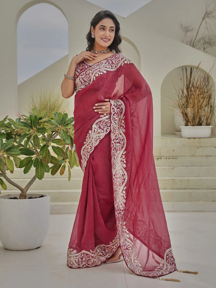Wonderful Red Thread Border Work Organza Traditional Saree With Blouse