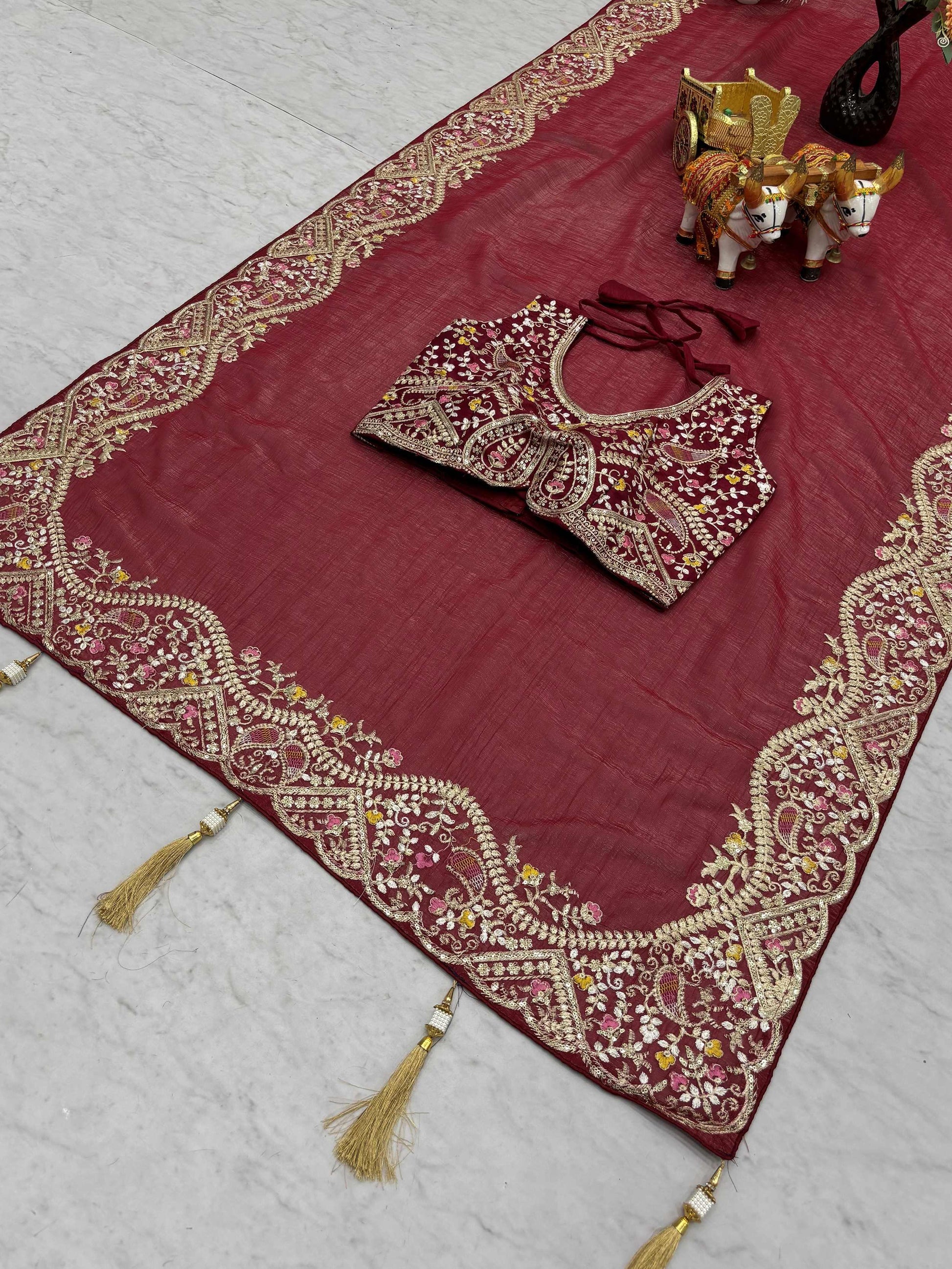 Wonderful Red Thread Border Work Organza Traditional Saree With Blouse