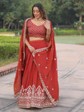 Wonderful Red Thread Work Silk Wedding Wear Lehenga Choli With Dupatta