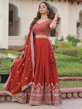 Wonderful Red Thread Work Silk Wedding Wear Lehenga Choli With Dupatta