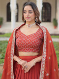 Wonderful Red Thread Work Silk Wedding Wear Lehenga Choli With Dupatta
