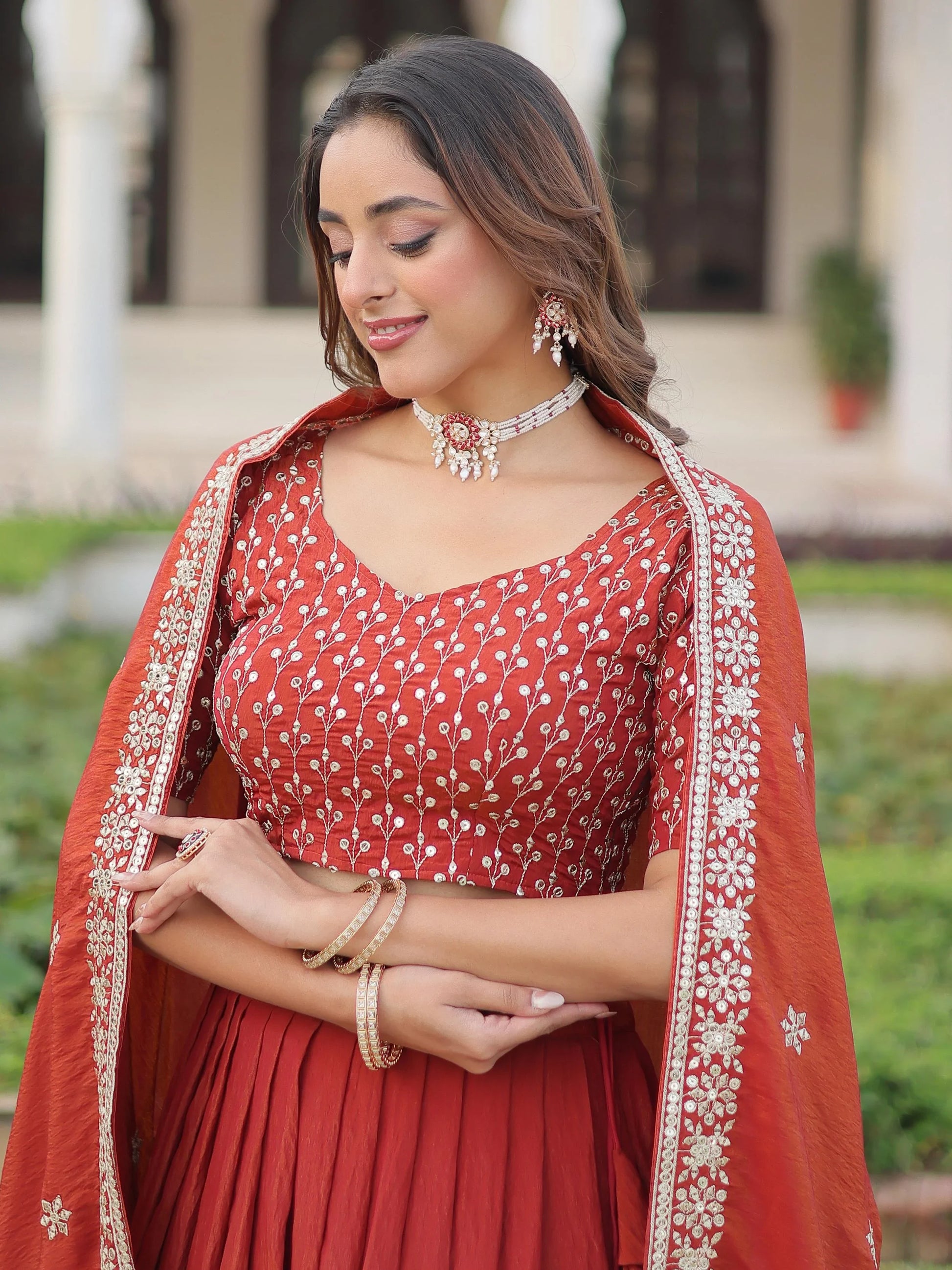 Wonderful Red Thread Work Silk Wedding Wear Lehenga Choli With Dupatta