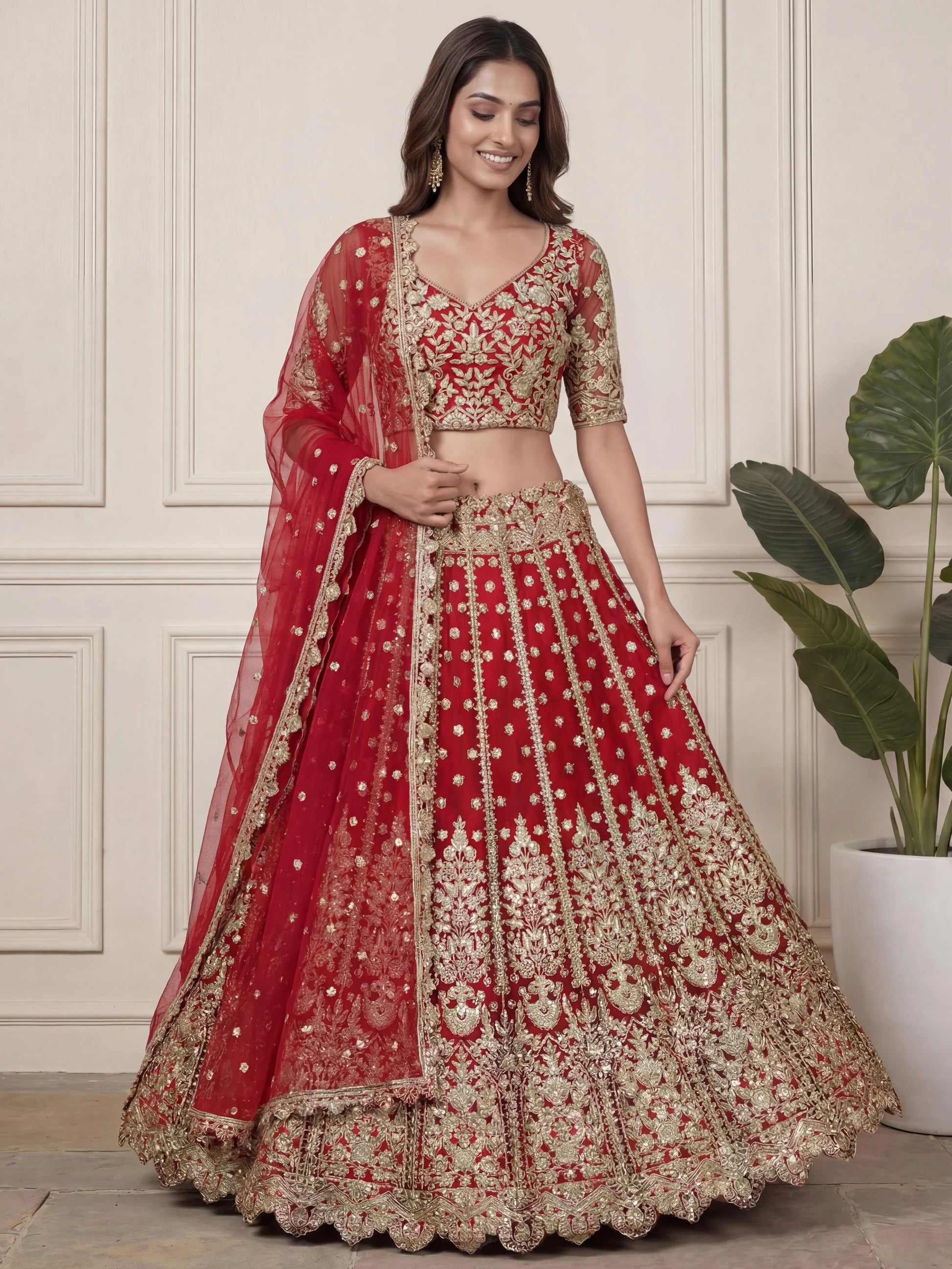 Wonderful Red Zari Embroidery Net Bridal Lehenga Choli With Dupatta