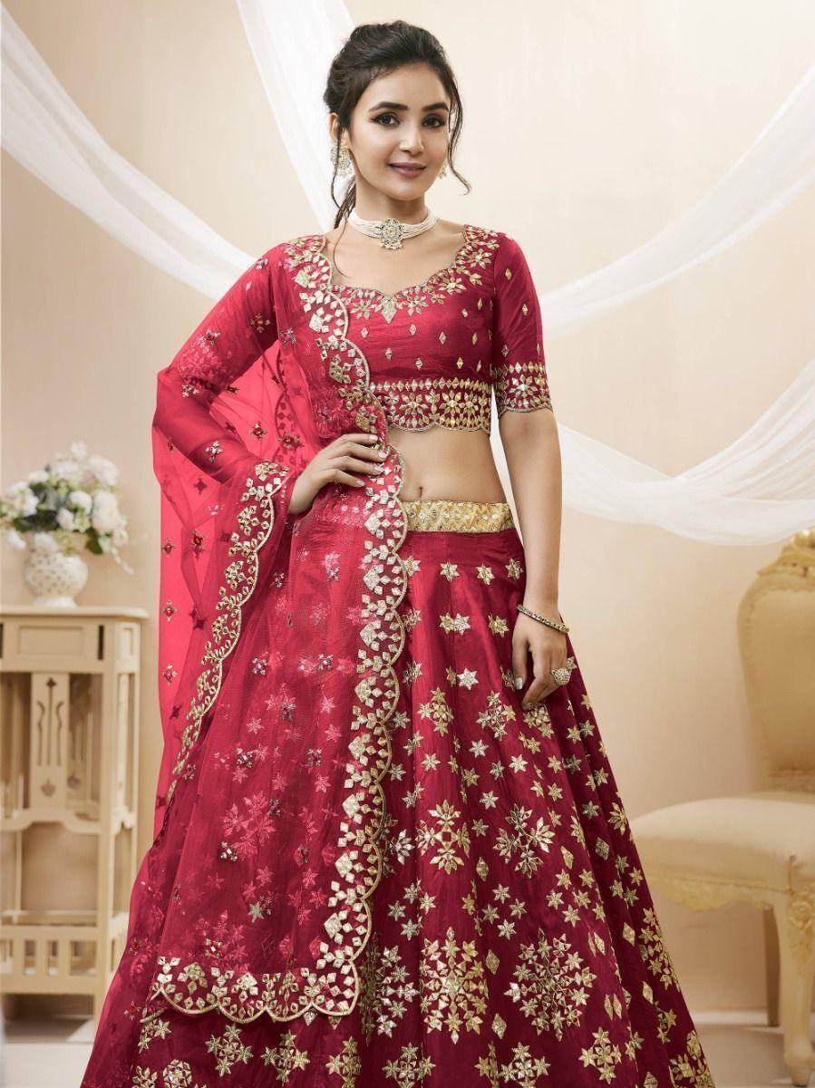 Wonderful Red Zari Work Art Silk Wedding Wear Lehenga Choli - Zeel Clothing
